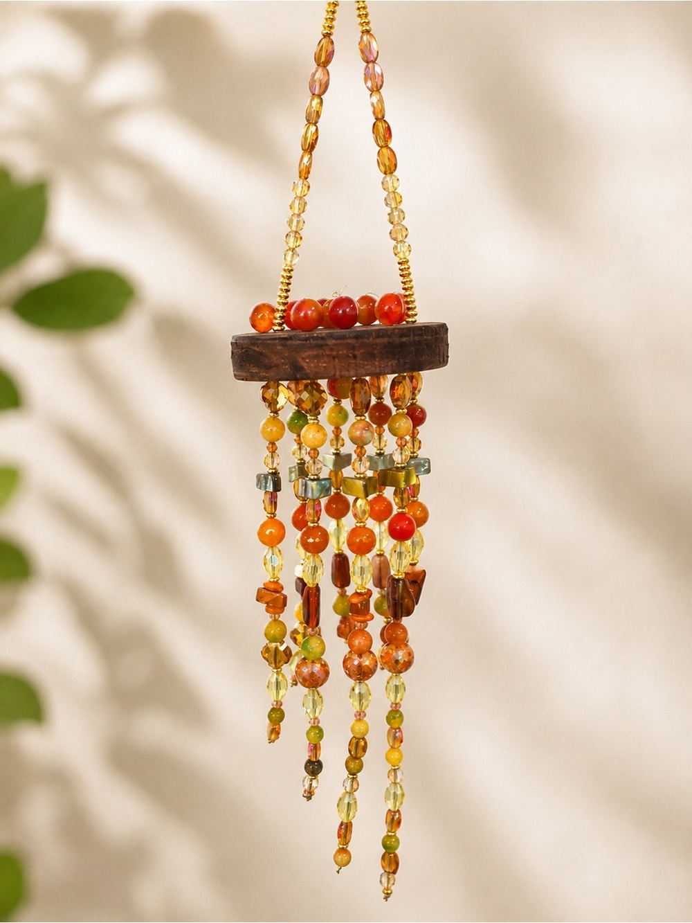 Handcrafted Orange & Amber Beaded Hanging Sun Catcher | Fall Home Decor
